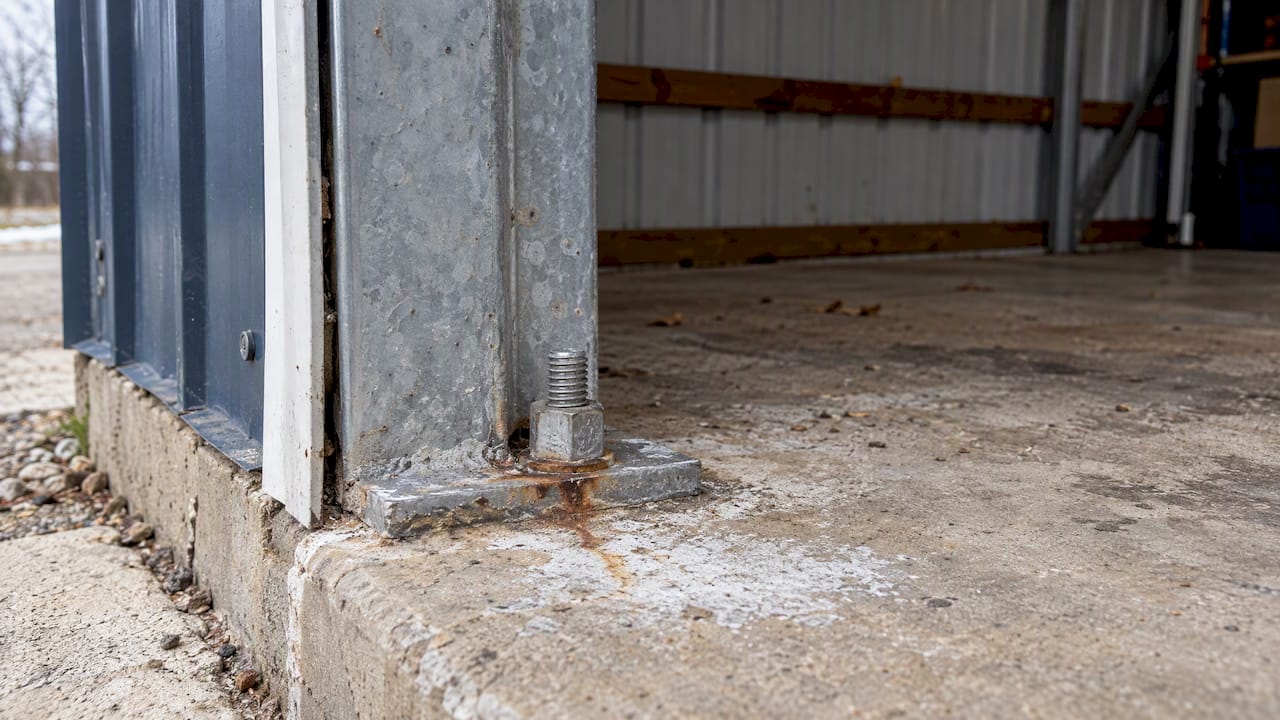 Rust and efflorescence around anchor plate