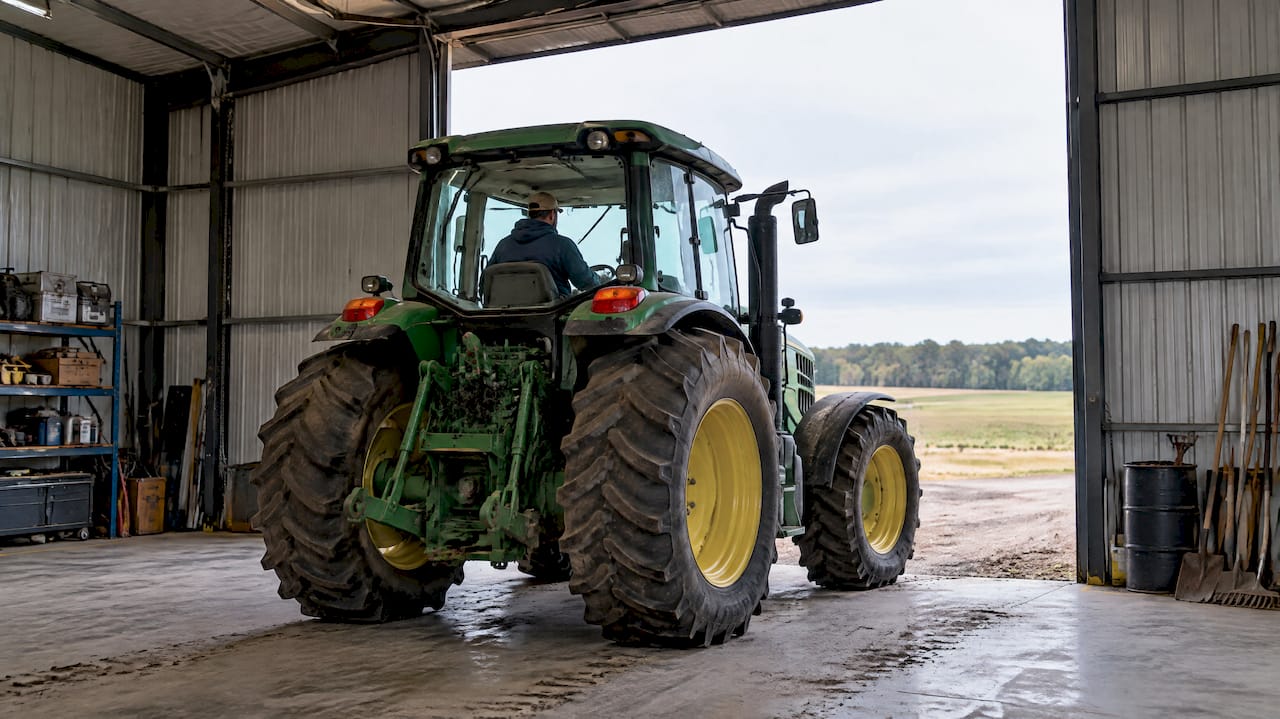 Tractor entering tall metal equipment barn