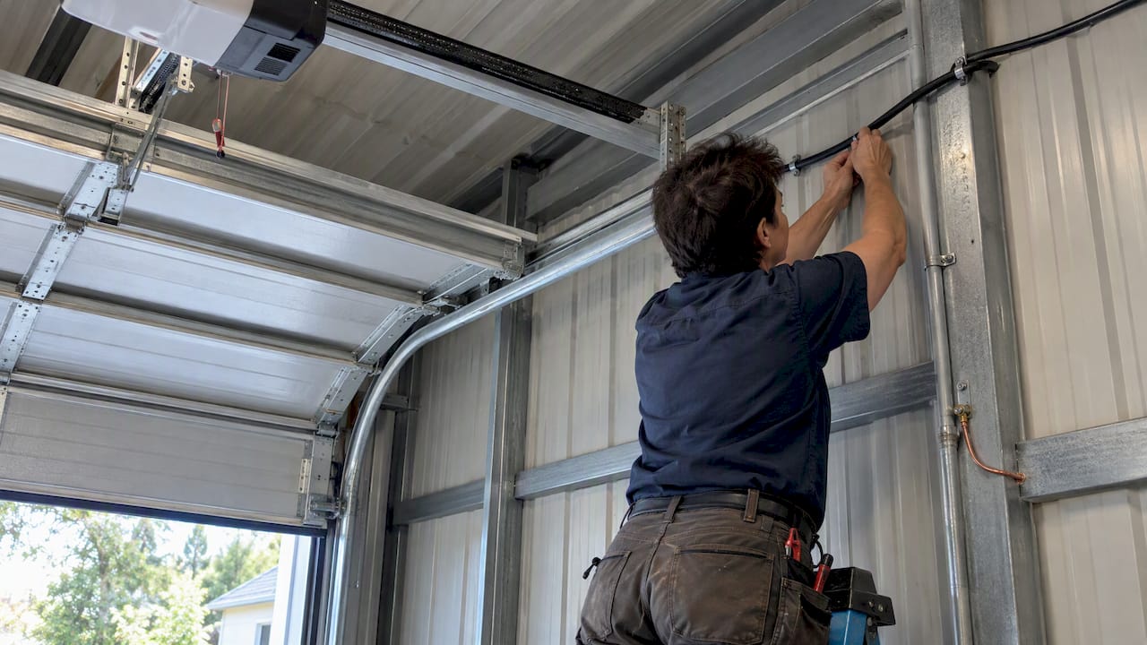 Electrician routing garage door opener wiring