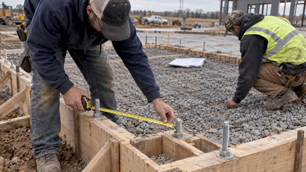 Crew measuring anchor bolts in foundation forms