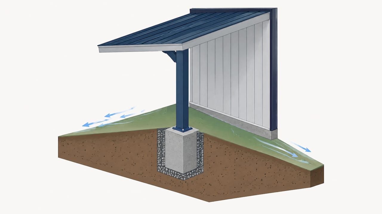 Ground slopes away from barn footing