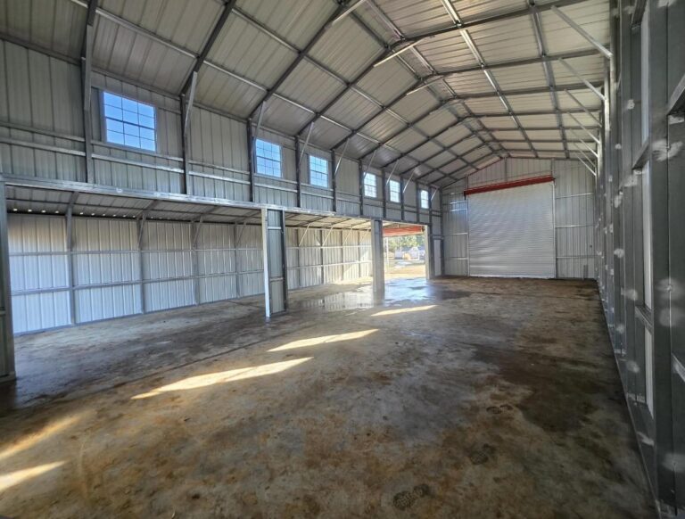 Interior of a steel building before the slab is poured