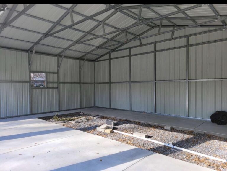 Interior of a steel building with a finished concrete slab